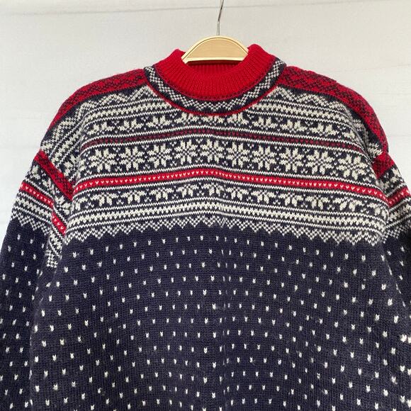 Vintage Lands End Wool Fair Isle Sweater Men M Navy Snowflake Birdseye Aspencore - Picture 3 of 9